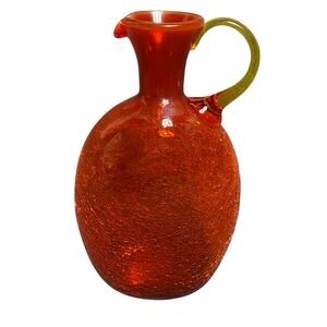 VTG 11” Amberian Crackle Glass Pitcher/ Vase - Orange/Yellow/ Amber/ Red Glows